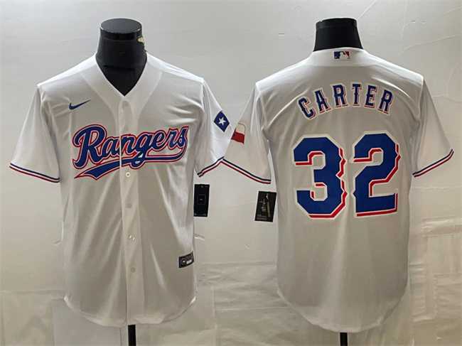 Men%27s Texas Rangers #32 Evan Carter White With Patch Cool Base Stitched Baseball Jersey